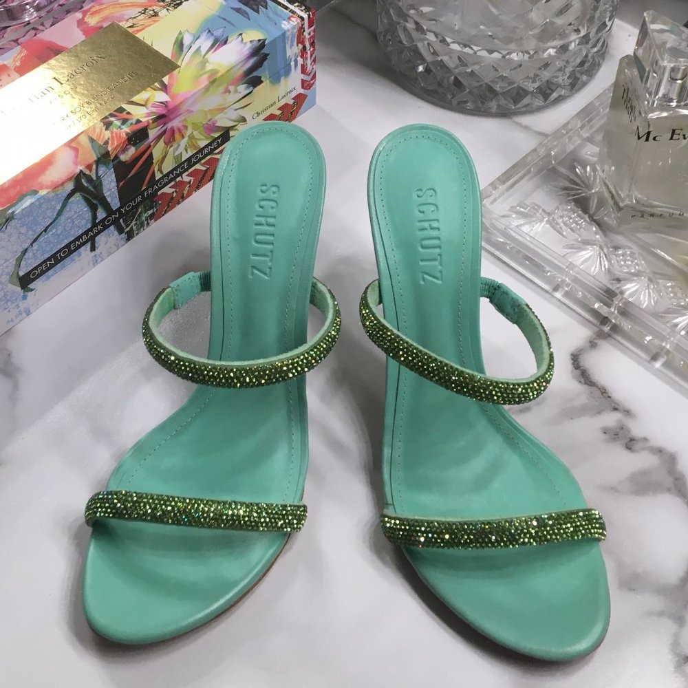 SCHUTZ Taliah Crystal Sandals in Deep Mint and Peridot Green 5.5 M Brand New NIB